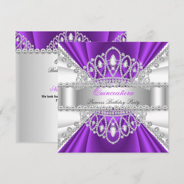 Invitación Quinceanera Princesa Diamante blanco morado Tiara (Anverso / Reverso)