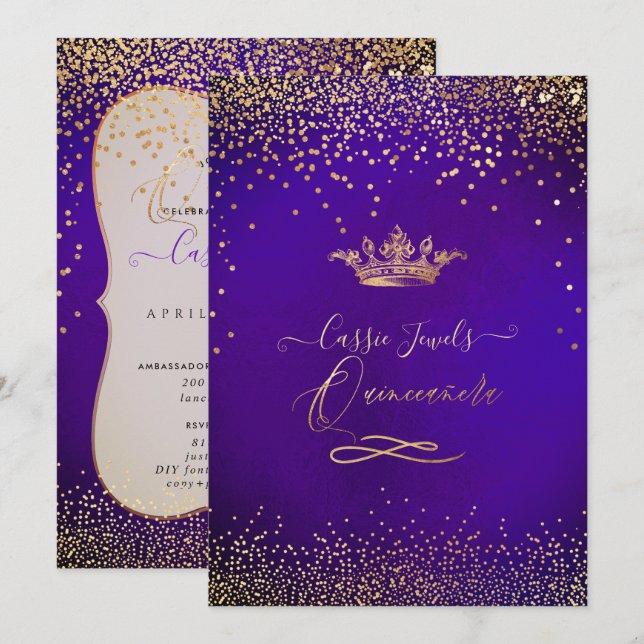 Invitación Quinceanera Princesa Faux Gold Confetti Violet (Anverso / Reverso)