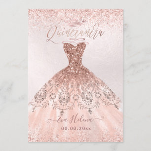 Invitación Quinceañera, Princesa Faux Rosa Oro Tiara+Gown