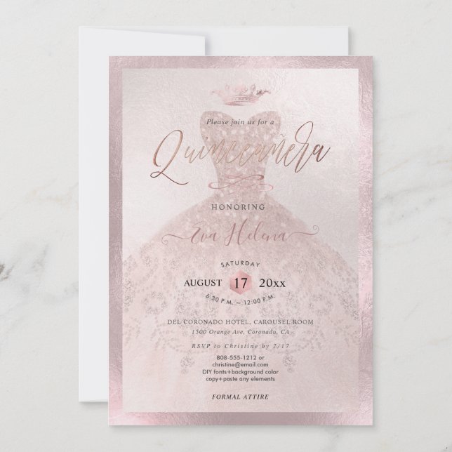 Invitación Quinceañera, Princesa Faux Rosa Oro Tiara+Gown (Reverso)