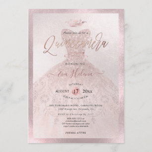 Invitación Quinceañera, Princesa Faux Rosa Oro Tiara+Gown