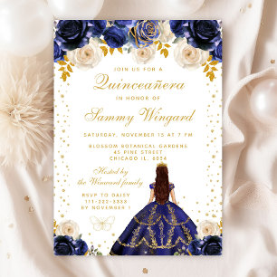 Invitación Quinceañera Princesa Floral Azul Marino