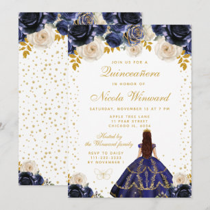 Invitación Quinceañera Princesa Floral Azul Marino