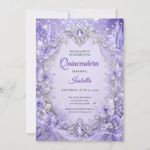 Invitación Quinceañera Princesa Floral Plateada Púrpura