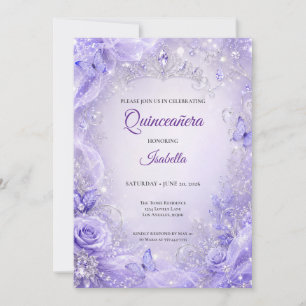 Invitación Quinceañera Princesa Floral Plateada Púrpura