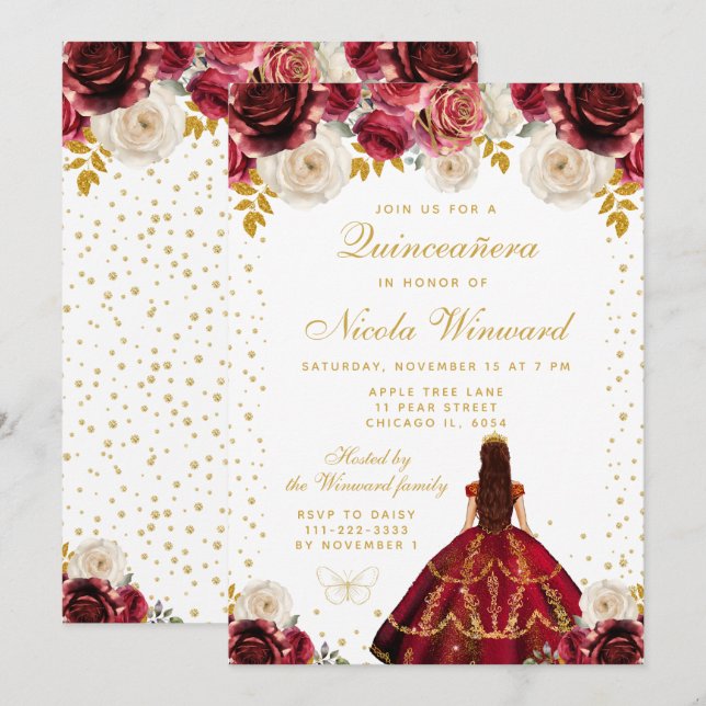 Invitación Quinceañera Princesa Floral Roja (Anverso / Reverso)