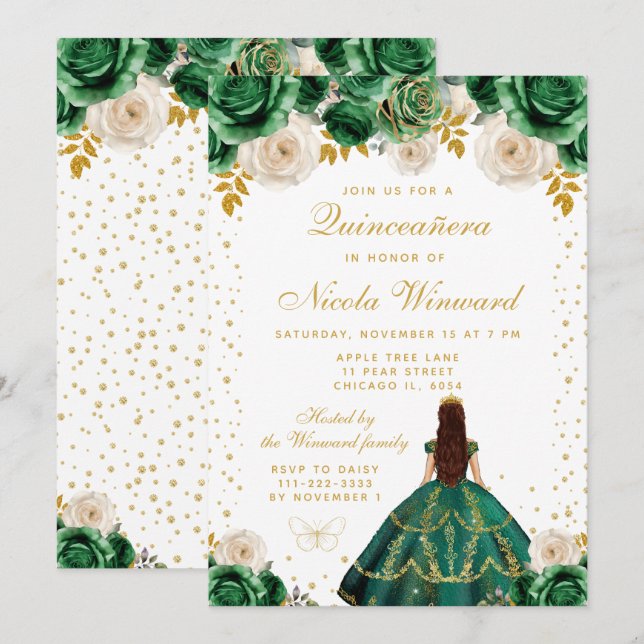 Invitación Quinceañera Princesa Floral Verde (Anverso / Reverso)