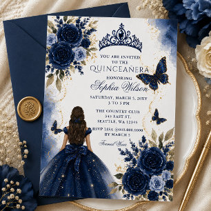 Invitación Quinceañera Princesa Mariposa Floral Dorada Azul M