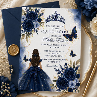 Invitación Quinceañera Princesa Mariposa Floral Dorada Azul M