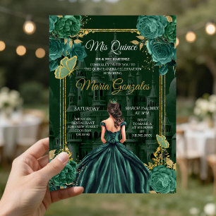 Invitación Quinceañera Princesa Mariposa Verde Esmeralda
