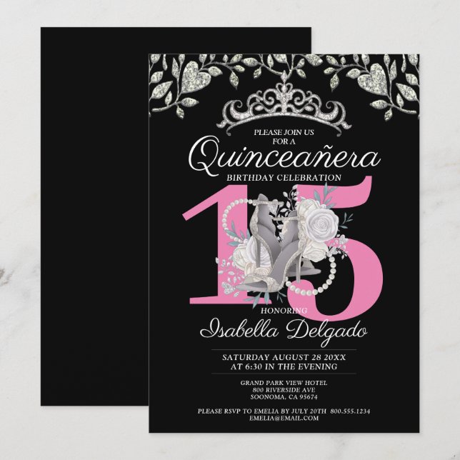 Invitación Quinceanera Princesa Pink Black 15 cumpleaños (Anverso / Reverso)