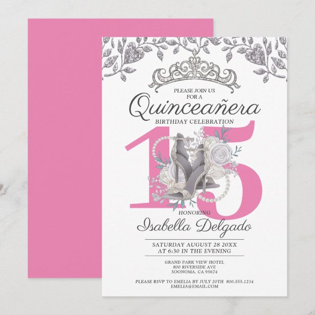 Invitación Quinceanera Princesa Plata Rosa 15º cumpleaños (Anverso / Reverso)