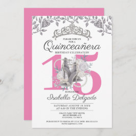 Invitación Quinceanera Princesa Plata Rosa 15º cumpleaños