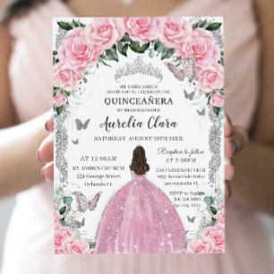 Invitación Quinceañera Princesa Plata rosa Floral Vintage