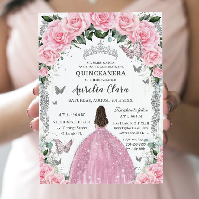 Invitación Quinceañera Princesa Plata rosa Floral Vintage (Subido por el creador)
