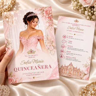Invitación Quinceañera Princesa Rosa Claro Cumpleaños 15
