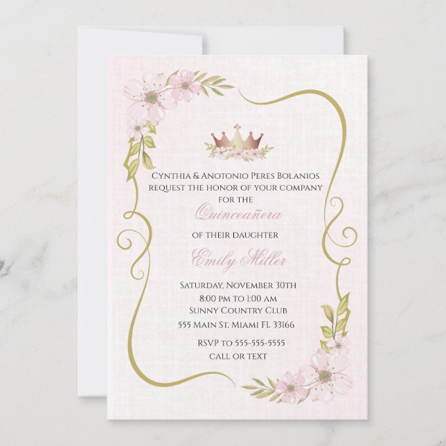Invitación Quinceañera princesa rosa pálido (Anverso)