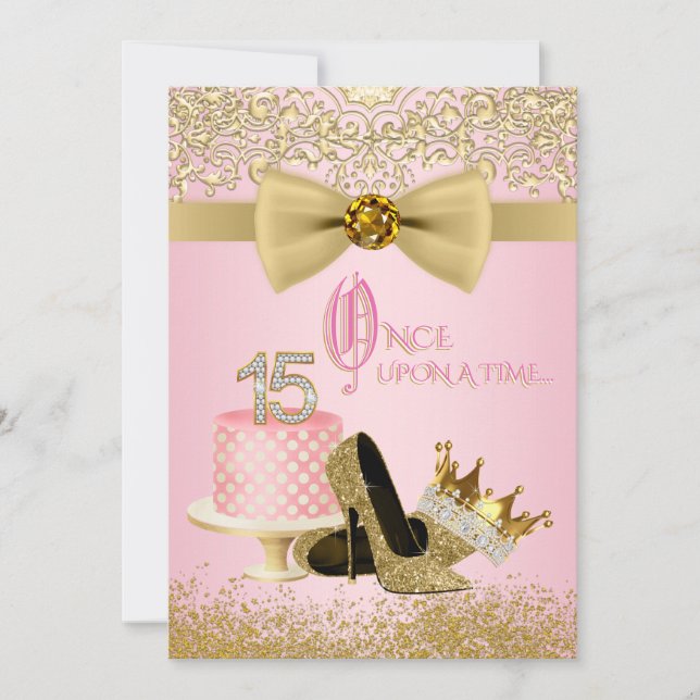 Invitación Quinceañera Princesa Rosa y Dorado Cumpleaños 15 (Anverso)