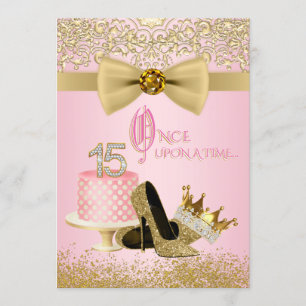 Invitación Quinceañera Princesa Rosa y Dorado Cumpleaños 15
