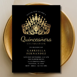 Invitación Quinceañera Princesa Tiara Crown Black Gold