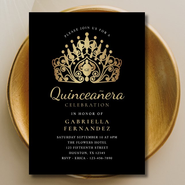 Invitación Quinceañera Princesa Tiara Crown Black Gold (Subido por el creador)