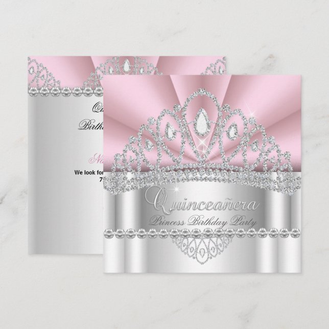 Invitación Quinceanera Princesa Tiara de Diamante Blanco Rosa (Anverso / Reverso)