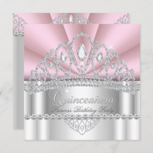 Invitación Quinceanera Princesa Tiara de Diamante Blanco Rosa