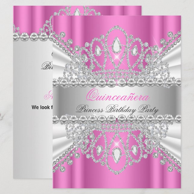 Invitación Quinceanera Princesa Tiara de Diamante Blanco Rosa (Anverso / Reverso)