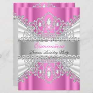 Invitación Quinceanera Princesa Tiara de Diamante Blanco Rosa