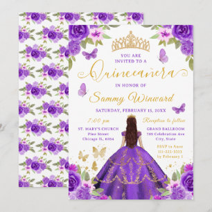 Invitación Quinceañera Princesa Tiara Floral Púrpura Dorado