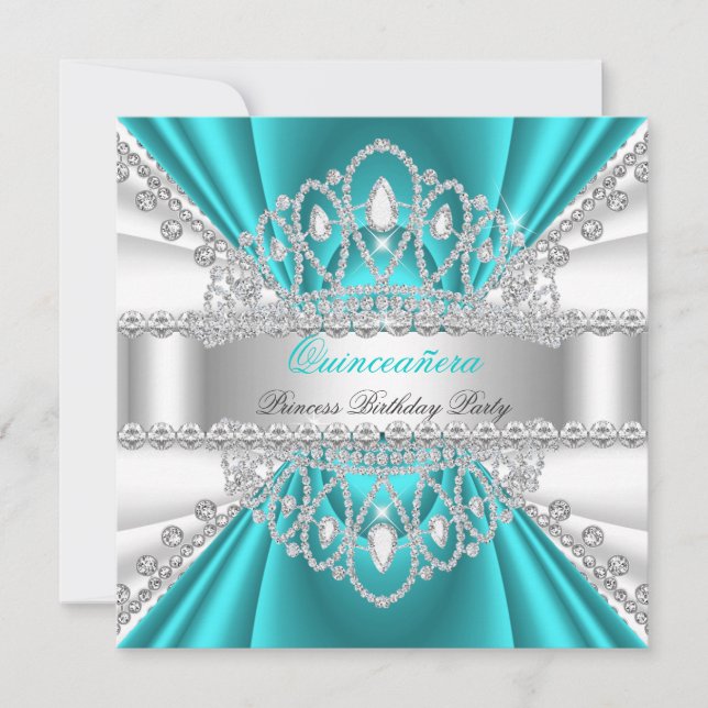 Invitación Quinceanera Princesa Verde azulada de Diamante Bla (Anverso)