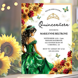Invitación Quinceañera Princesa Verde Rosas Rojas Girasoles