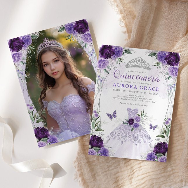 Invitación Quinceañera Princesa Vestido Lavender Plata Foto (Subido por el creador)