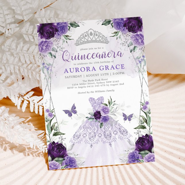 Invitación Quinceañera Princesa Vestido Morado Plata Floral (Subido por el creador)