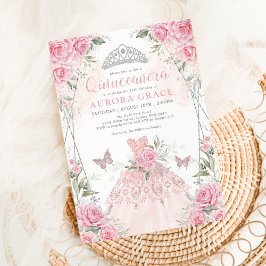 Invitación Quinceañera Princesa Vestido Plata Rosa Floral