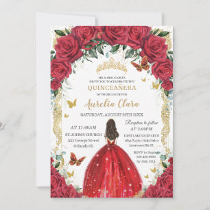 Invitación Quinceañera Princesa Vestido Rojo Roses Dorado Flo