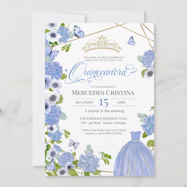 Invitación Quinceañera Princess Blue Garden (Anverso)