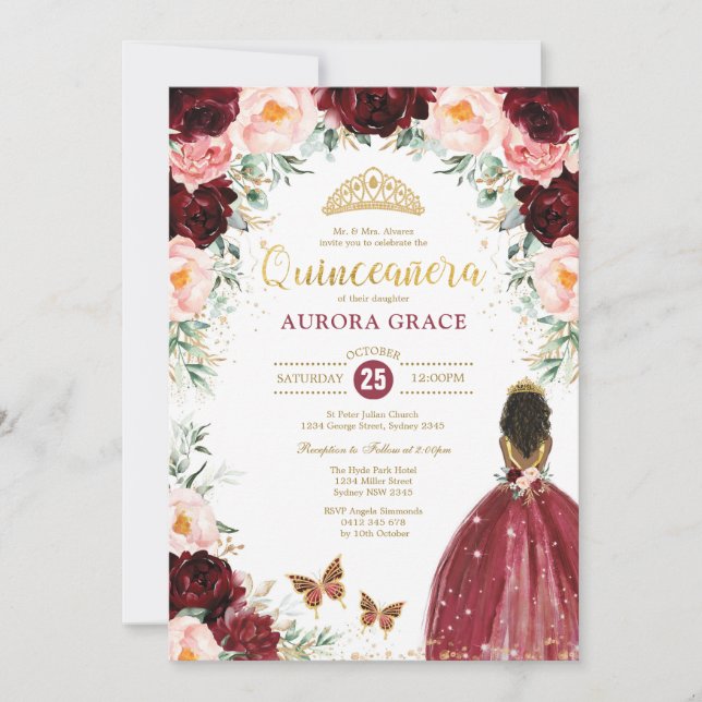 Invitación Quinceañera Princess Burgundy Floral Birday (Anverso)