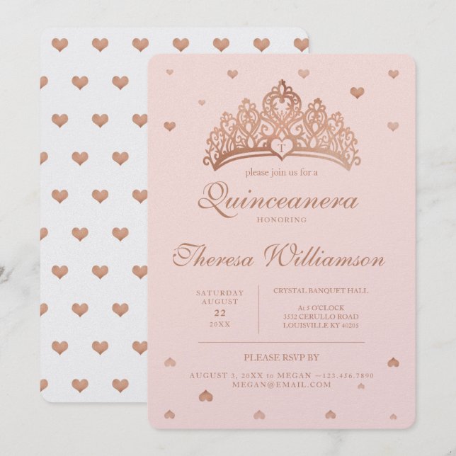 Invitación Quinceañera Princess Crown & Heart Rosa Gold (Anverso / Reverso)