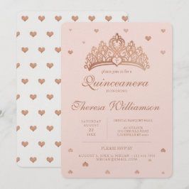 Invitación Quinceañera Princess Crown & Heart Rosa Gold