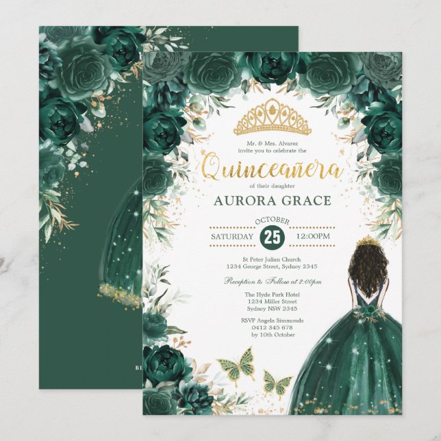 Invitación Quinceañera Princess Emerald Green Floral Cumpleañ (Anverso / Reverso)