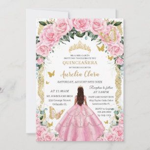 Invitación Quinceañera Princess Pink Rose Floral Vintage Gold
