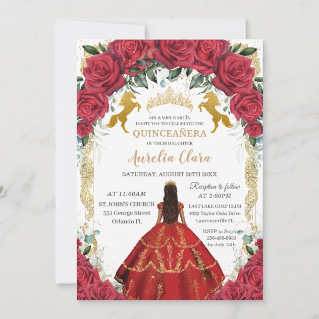 Invitación Quinceañera Princess Red Roses Floral Charro Horar (Anverso)