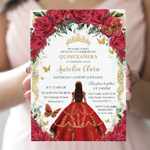 Invitación Quinceañera Princess Red Roses Floral Vintage Gold