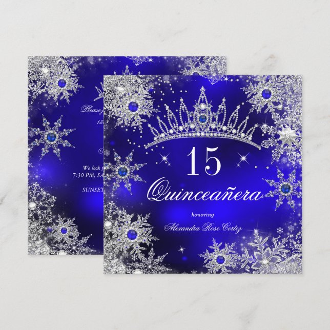 Invitación Quinceanera Princess Royal Blue Snowflake Tiara (Anverso / Reverso)