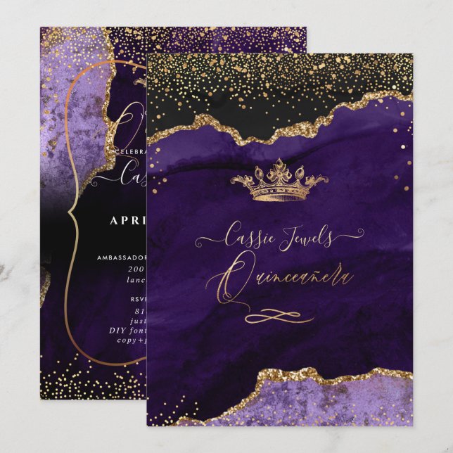 Invitación Quinceanera, Purple Agate Faux Gold Confetti (Anverso / Reverso)
