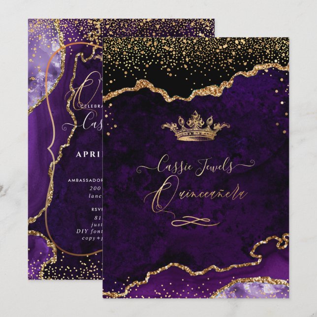 Invitación Quinceanera, Purple Agate Faux Gold Confetti Invit (Anverso / Reverso)