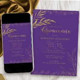 Invitación Quinceanera Purple and Gold Leaf Elegante Cumpleañ