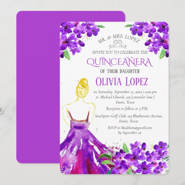 Invitación Quinceañera Purple Floral 15 cumpleaños (Anverso / Reverso)