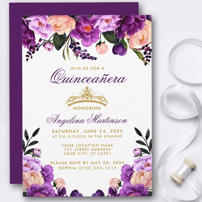 Invitación Quinceanera Purple Floral Crown (Customize to change text color, style, add text & photos to back or change color of back of card.)